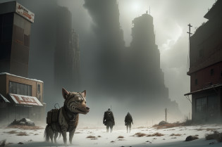 post-apocalypse, post-war, stalker hunting,strange animals hiding around, dangerous atmosphere, intricate details, extremely detailed, cinematic stile, dramatic light, Brandon Wolfel, Alaina Lemmer, Simon Stalenhag,Ben Templesmith