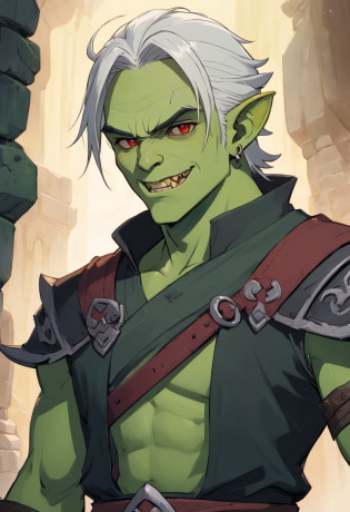half orc, green skin, male, close up portrait, fantasy look, rpg character, medieval fantasy, white hair, red eyes, 1.90 height, muscolar, half-body shot, scars, ((Taper Haircut + Brushed Up man's hairstyle)), black boots, fullbody ((fullbody)), muscolar body, black outfits, ((black fantasy outfits)), ((deep green skin)), fangs, ((open mouth fangs)), ((high quality)), ((mature half-orc)), ((half-age))