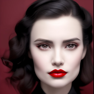 There is a woman with a red lipstick and a black shirt, luscious red lips, detailed face with red lips, red lips, dark red lips, red lipstick on face, Face Up avec coiffure 1 9 2 0 s, light red lips, pale red lips, inspired by George Hurrell, red lipstick, maquillage vintage, with spaced and beautiful lips
