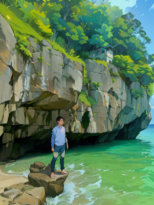 there is a man standing on a rock by the water, standing in a grotto, standing on a cliff, island with cave, ? ? ? ?, cliff side, natural cave wall, standing on a beach in boracay, standing on a cliffside, standing on a rock, girl standing on cliff, standing near the beach, standing on rock