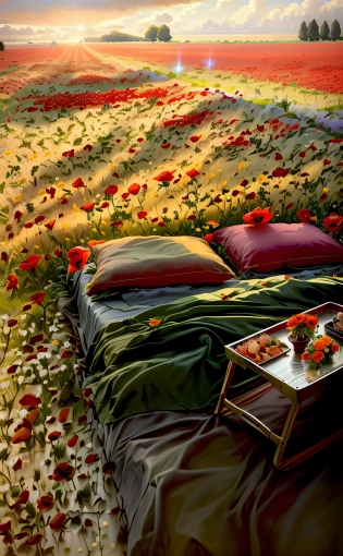 there is a tray of food on a bed in a field of flowers, bed of flowers on floor, an aesthetic field of flowers, celestial red flowers vibe, beautiful and aesthetic, in a field with flowers, in a field of flowers, dreamy aesthetic, flower field, dead but beautiful. poppies, field of flowers, by irakli nadar, summer setting