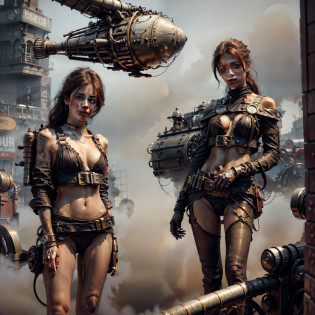 There's a sexzy actress busty mia khalifa with gun and muscled male with friends,street punk, standing with Steam punk Helicopter,dusky skin, with muscled body,less dress,Royal look, steampunk + cyperpunk urban city, sexzy full body view top to bottom, standing in backview turning camera, random camera angle ,dark smoke fog background,street punk digital, , Wojtek FUS, arte digital street punk, detailed wild street punk illustration, Portrait of a gold and copper mechanical woman, arte street punk, sci-fi street punk,sexy beautiful face, doe shape eyes, full lips. slim body, breathtaking beauty, vibrant, comprehensive cinematic, 8k, cinematic lighting, best quality, 4k