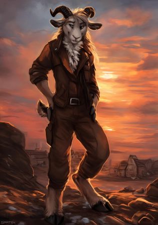 male, solo, anthro, mammal, goat, caprine, (caprine horn), horizontal pupils,  cloven hooves,
fully clothed, bottomwear, topwear, pants, jacket, (adventurer), hand on hip,
fur, fluffy, tuft, chest tuft, long hair, neck tuft, inner ear fluff, digitigrade,
standing, front view, looking at viewer,
(detailed background), outside, rock, sunbeam, snowy peaks, sunrise, (village:1.3),
by kenket, by darkgem, by miosha,
fully clothed, bottomwear, topwear, pants, jacket, (adventurer), hand on hip,
fur, fluffy, tuft, chest tuft, long hair, neck tuft, inner ear fluff, digitigrade,
standing, front view, looking at viewer,
(detailed background), outside, rock, sunbeam, snowy peaks, sunrise, (village:1.3),
by kenket, by darkgem, by miosha,