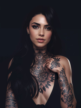 a woman with tattoos on her arms and chest, corpo superior realista bonito, corpo e rosto bonitos e detalhados, pele detalhada, Rosto e corpo detalhados, tatuagens por toda a pele, corpo e rosto detalhados, wlop pele brilhante, digital com tinta, pele altamente detalhada, pele tatuada, rosto e corpo extremamente detalhados, corpo inteiro detalhado, corpo intrincado, parte superior do corpo intrincada, Very detailed skin