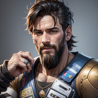 Man with black beard and holding a mobile phone, Messi, Messi as a cyborg, Lionel Messi as a puppet, at the World Cup, Lionel Messi, hands up in celebration, ?? CG3-dimensional style --auto --s2