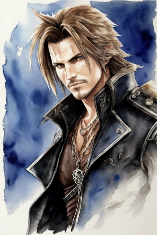 Squall Lionhart, Final fantasy VIII, intricate details, watercolor, H. R. Giger