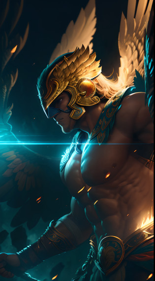 (8k), Ultra resolution 8K, Stunning illustration of a hero wearing an eagle mask helmet, Warrior Prince,Athletic Body Eagle Warrior Costume, cinematic lighting,action pose, agregar efecto al final,Mythical background
