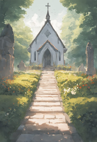greenish tinge, The old white church is in the garden, There is a stone path in front of the church, cold shades, A sense of suspense, The back of the vista, Lots of vines, ray tracing, film grain, vignetting, cinematic lighting, chiaroscuro, motion blur, rococo style, wide shot, Sony FE GM