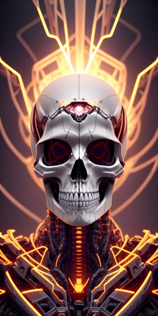 ultra detailed of a porcelan reaper skull android face, cyborg, robotic parts, 150 mm, beautiful studio soft light, rim light, vibrant details, luxurious cyberpunk, lace, hyperrealistic, anatomical, facial muscles, cable electric wires, microchip, elegant, beautiful background, octane render, H. R. Giger style