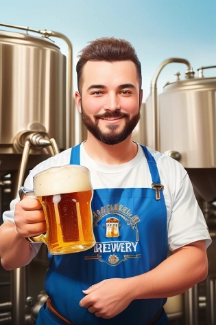 Masterpiece, best quality, (Cheerful brewer:1. 2), (holding a mug of beer in his hands:1. 3), (a brewery in the background:1. 3), incredible detail, highly detailed, composition, ultra-detailed, light leaks, trending on artstation, sharp focus, Absurdres