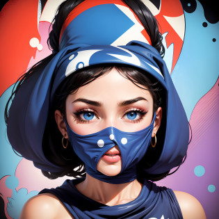 arab woman in navy blue dress covering her face, pop art cartoon style, vivid colorful comic style, pop - art style, pop art style, pop art poster, avant garde pop art, vivid colorful comics style, in style of pop - art, violet polsangi pop art, comic digital art, popart, pop art look, pop art painting. full body covered with cloth