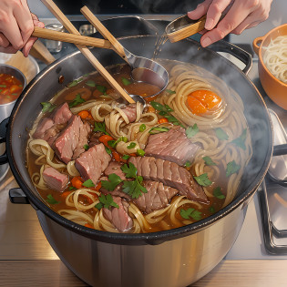 A person scooping out two ladles of beef soup and boiling it in a pot, then adding special beef noodles to cook. The beef soup in the pot is foaming, and the beef noodles are slowly softening in the boiling water. After about ten seconds of cooking, the fire is turned off. 32k best quality, super detail, as if you can see the bubbles in the beef soup and the noodles softening.