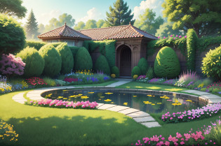 there is a green lawn with a gate and flowers in the middle, lush garden in the background, with a lush grass lawn, lush lawn, garden landscape, beautiful garden on background, garden environment, lush garden surroundings, pastoral backyard setting, parks and gardens, garden with flowers, lush and green, beautiful english garden, garden background, lawn, vibrant greenery outside, beautiful garden --auto --s2