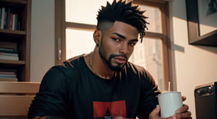 (1 young black man),The face of this young black youtuber is expressive and striking, with strong features and a confident expression. His skin is well groomed and his short, well-made beard complements his modern and cool look. His dark eyes are piercing and convey mystery and suspense, which helps create an atmosphere of tension in his videos of urban legends. His posture is relaxed and secure, which shows his confidence in front of the cameras and contributes to creating a strong connection with his audiencebetter quality, high detail, incredibly delicate and beautiful illustration He is wearing an ordinary red T-shirt and jeans, which reflect his practical and cool style. Its leather strap adds a touch of style to its simple, relaxed look. His short black hair, short beard and light brown eyes catch the attention of his followers, while he holds a cup of hot coffee in one hand and a microphone in the other. He is focused and determined to create quality content for his audience while keeping his posture safe and relaxed, which contributes to creating a strong connection with his followers. In short, he's a successful YouTuber, known for his exciting and engaging urban legends, and his stripped-down style adds a personal touch to his content. High quality 4k image