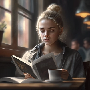A young woman, blonde hair, sitting at a table in a coffee shop, reading a book, looking intrigued, photorealistic, cinematic, cinematic lighting, DSLR.