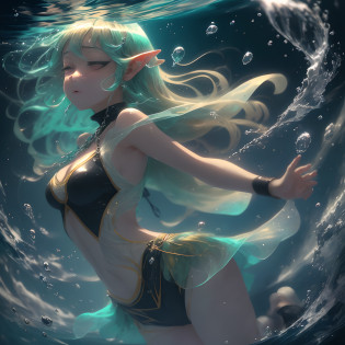 ?Man Elves?Dancer's clothes?Young Elves?Fluttering clothes?See-through,Implicit panty shots,translucent clothes?length hair?bright green hair?Hand flail?fetters?hands tied up?tied legs?Feet fixed on the seabed?Heavy chains?Freediving?Jump into the water?abyssal?Dive to the bottom of the ocean,Planktonic,Sinking to the bottom of the water?Looked?opened mouth?Pointed upwards?Twisted body?arched back?twisted hips?Weakened?Arched upper body?I turned my body around?Wriggled the whole body?legs open?Arms lifted?Feet swam?Belly dance?Legs opened?Dance with swinging hips?profile?Sensational dance?bblurry,sleepy?Lack of consciousness?limp?slept?lying back on?Many bubbles?Exhale?dynamic ungle?low angles?Cute art style, Highly detailed artwork,anime in fantasy style, Stylized anime,anime cover, anime fantasy illustration, Anime Artwork, Anime Art Style, beautiful anime art style