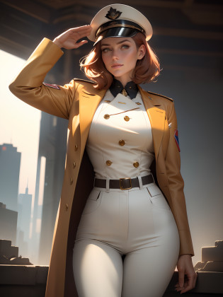 (1girl:1.4), (sfw), (clothed), (masterpiece), illustration,(realistic:1.5), (specular lighting:1.4), (hyperrealistic:1.2), (photorealistic face:1.2), (perfect face), (best quality), (8k), (4k), photorealistic, sharp focus, octane render, best quality, extremely detailed, intricate, hyper detailed, fantasy, soft lighting,(medium breasts:1.4), (skindentation:1.3), Matilda Ajan from Gundam, Matilda Agen, Matilda Ajan, looking straight at viewer, one hand down, tan full uniform, tan color uniform, tight off-white pants, perfect body, standing straight up, military attention, military salute, officer uniform, tan military jacket, tan buttoned up jacket, perfect hands, military officer hat, tan color hat, warm smile, kind smile, destroyed city in the background, short auburn hair, one hand down, hair slicked back, cropped hair, thigh gap