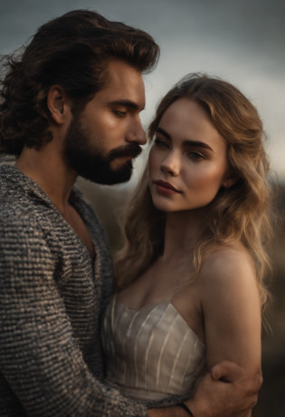 Reymond Cauan, forte de barba,  e Sabrina Carpenter, casal apaixonado, pose casal, muito intenso, sensual, apelo masculino alta moda