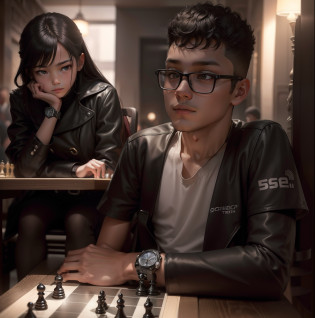 Boy wearing black coat playing chess against someone, chess board, a cute girl siting beside watching the game, the watch is glowing