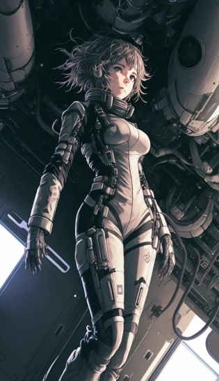 girl in a Tight jumpsuit, spaceship inside, Tsutomu Nihei style, Blame! , Sidonia no Kishi, gigantism, space station, multi-storey space, futuristic style, Sci-fi, high detail, laser from the sky, clumps of energy, acceleration, flash of light, speed, anime, drawing, 8K, HD, super-resolution, manga graphics, drawing, first person --q 2 --ar 9:16