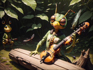 (Best Quality:1.2),8K,Careful details,Extremely detailed,Top resolution,(Insect Orchestra:1.2), In the forest, Sitting on a stump, band, Suzumu playing the violin?flute, piano, Insects playing musical instruments, score, melodic, Conductor Grasshopper, butterfly, SUI, Bellworm, cricket, frog,(Anthropomorphic insect:1.5)