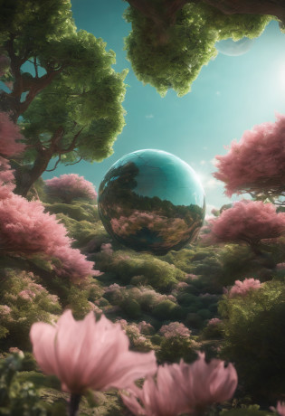 (((masterpiece))) (((best quality))) glass sphere, close-up of a planet with a bunch of trees on it, overgrown planet, green planet, fractal world, fantasy overgrown world, fantasy planet, Dyson sphere, pink planet, 3D render beeple, planetary landscape, round planet inspired by Jofra Bosschart, planet, futuristic world, psychedelic flower planets, ethereal world, (outgoing glow)