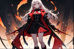 1girll?long leges?Red and black shirts?Red and black skirt?Red and black mechanical windproof boots?Large red and black trench coat?cabelos preto e longos?red color eyes?stand posture?Black two-fingered gloves?HighestQuali?4K?the detail?HighestQuali?bloods?eventide?tmasterpiece?best qualtiy?Red light source?Pubic area is clear