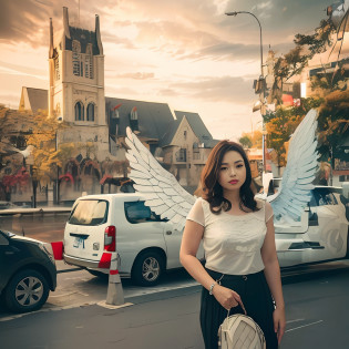 Wing of woman, wing on body,woman have wing as an angel, (details are super exquisite realistic wings:1.4),