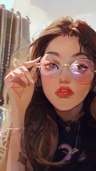 A closeup of a woman with a pair of sunglasses, Pokimane, profile picture, Belle Delphine, girl wearing round glasses, wearing Versace sunglasses, with sunglasses, sunglasses on, mirror selfie, profile picture, wearing mirrored sunglasses, Violet Myers, pink lips, white nails, brown hair with blonde stirrings.