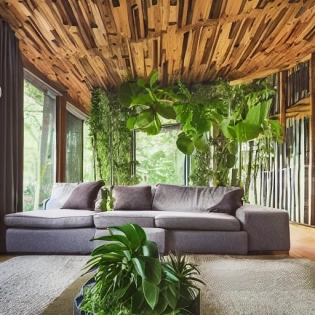modern forest cabin interior full of exotic house plants and succulents, elegant, atmospheric, interior design, furniture, bean bags, beautiful, architectural rendering --beta --w 400 --upbeta