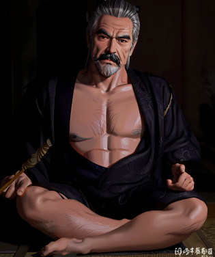 This old man?long whitr hair?white mustache?Wearing black Chinese Hanfu?Immerse yourself in ancient Chinese temples?musculature??Vicissitudes 1.5???Anime character 1.5?