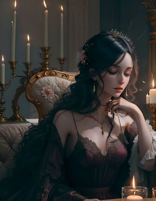 absurdres, (((masterpiece))), <lora:epiNoiseoffset_v2:0. 6>, epic composition, a beautiful woman sits on a velvet couch in a dimly lit room, surrounded by flickering candles. Her long, flowing hair cascades down her back in soft waves, and her eyes are closed as she enjoys a moment of solitude. She wears a delicate silk gown, and the fabric glimmers in the candlelight. A vase of freshly cut flowers sits on the coffee table in front of her, filling the air with a sweet fragrance, <lora:styleJelly_v10:0. 8>, <lora:hipoly3DModelLora_v10:0. 4>, hiqcgbody