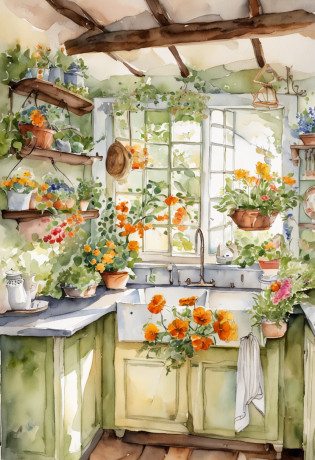 there is a kitchen with a table and a sink and a window, cottagecore hippie, cottagecore, cottagecore!!, with flowers and plants, with colorful flowers and plants, small kitchen, cute kitchen, romantic greenery, kitchen, nature and floral aesthetics, retro vintage and romanticism, house kitchen on a sunny day, decorated with flowers