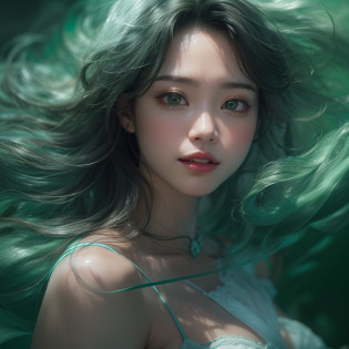 Close up of smiling face with open mouth?(realisitic?hight resolution)?(1 girl in)?Do-Up Eye?Korean Girl?(Best Quality), (masutepiece), (1girl in), Solo, a beauty girl, Perfect face, Big Breast,dreamlikeart?Highly detailed airbrush art((Surreal))?Volumetric lighting?(top-quality)?The ultra-detailliert?(The composition of the movement:1.4)?Highly detailed colorful details?(Bright lighting)?dynamic compositions?Ray traching?The mirror reflects light?Shallow depth of field?ultra-detailliert?mixing  exposure?nffsw?Her eyes glow deep green?Staring at the deep green sea?Her dark green face is?Full of adventure anticipation and courage.?A smile appears on her deep green lips? At the rear?The sun is slowly tilting to the west?Its light brings deep green light to the surface of the sea?The swaying waves create a beautiful scene?Her eyes glow a distinctly deep green?a lot of dark green?