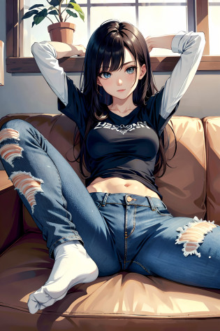masterpiece, extremery magnificent view, perspective, extremery best quality, extremery detailed CG, 8k wallpaper, high resolution, highly detaiiled face, highly detaiiled eyes,perfect anatomy,super detailed skin,
(dynamic angle, dynamic pose:1.2),  indoors, living room, window, (portrait, legs focus, close up one eye:1.3), (beautiful face, beautiful eyes, beautiful legs:1.3),
1 girl, solo, (t-shirts, skinny jeans:1.3), long sleeves, medium breasts, black hair, long hair, floating hair, bobbed hair, (ankle socks:1.3), brown eyes, (on couch, sitting:1.3), (spread legs:1.2), BREAK, (torn jeans:1.3), (abs, navel, :0.8), arms up, skinny, slender, nsfw