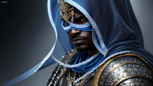a black man, strong  yoruba warrior, preparing for battle, blue clothes, leather details, blue Veil covering the eyes, holding sword studded with diamonds and precious stones, realistic raytraicing, dramatic, dramatic lighting, high contrast, highest definition, hyperrealism, hyperrealistic, photorealistic, high resolution, 8k  -imagine -upscale -upscale --auto --s2