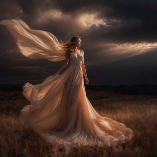 Arad woman in dress standing in the field?Wearing a long flowing dress, floating dress, flowinggown, marc adamus, stunning elegant pose, beautiful flowing fabric, Ethereal beauty, wearing flowing dress, Flowing fabric, fine art fashion photography, dramatic elegant pose, cinematic goddess shot, ethereal back light, bathed in a golden glow, draped in flowing fabric?The sky is dark clouds