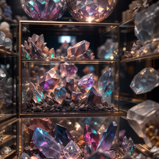 Crystal of Life?Crystal gemstones in display case,Ore in a display case, High-value jewelry,?High-value metals?no depth of field?Full Focus?Puzzles are prohibited, Detailed and complex background, glittery, reflective light, hyper HD, Award-Awarded, A high resolution, High detail, Chiaroscuro, Cinematic lighting, Masterpiece, Anatomically correct, Super detail, High quality, High details, Best quality, 16k