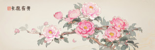 There is a pink flower?There is a yellow center on a black background, Peony flower, Peonies, author?Julian, Chinese painting style, finely detailed illustration, full-colour illustration, Giant carnation flower head, pink flower, Peony flower, depicting a flower, author?Tan Yang Kano, super detailed color art, Wu Liu, Peonies