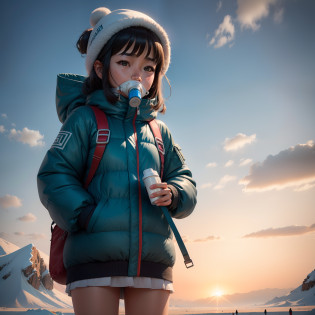 Help me draw a picture of a girl taking oxygen in the Xinjiang plateau