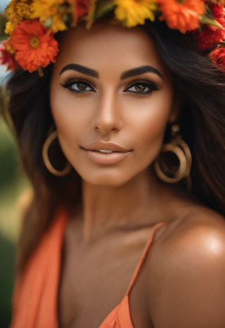 a woman with long hair and a very beautiful face, tanned beauty portrait, photo of a beautiful woman, beautiful female model, jaw dropping beauty, beautiful face and flawless skin, gorgeous beautiful woman, tanned skin, sexy face with full makeup, tan complexion, jaw-dropping beauty, beautiful female face, seducing style,a festival or Coachella-inspired outfit, complete with fringe, flower crowns, and face glitter..