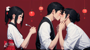 japanese steak house, Couple (((KISSING))), BEST QUALITy, simple background
