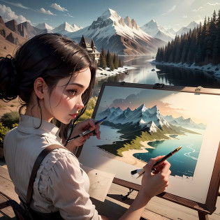 In a quiet room, a woman sits at a wooden table with a wide map unfolded. She stared intently at the rich geographical features and lines on the map, holding a slender brush in her hand. The woman's eyes were bright and focused, and she carefully observed the mountains, rivers and lakes on the map, as if she was talking to the earth. She gently dipped in dark blue ink and tapped her brush on the peaks on the map. As the brush moves across the map, the woman takes a dancing gesture with which the contours of mountain peaks are outlined, depicting the texture of mountains and the curves of valleys. Each stroke is filled with her passion and love, as if she unites her heart with the earth. With a flick of her wrist, the brush left bright ink marks on the map, as if the scenery on the map was illuminated. Based on the geographical shapes in her memory, combined with her imagination, she gradually outlined mountains and rivers. Over time, the whole map came alive. She uses ink of varying shades to outline the undulations of the mountains and delicate and soft lines to depict the curves of the river. Every stroke is filled with her love and awe for nature. The woman's brow furrowed slightly, and she stopped the brush in her hand to carefully examine her work. She felt that it wasn't perfect, so she immersed herself in the creative process again. She uses her brush to delicately outline the texture of the mountains, inject more detail into the rivers, and make the scenery on the map more realistic and full. Finally, when her red-lipped and white-toothed mountain touched the edge of the map, she put down her brush with satisfaction. Under her creation, the calm map becomes vivid, as if ushering in a new life. She gazed at this artwork painted with a brush and felt the joy and sense of accomplishment of creation. This woman brings her love and passion to this map, and her work will show the world the magnificent view of Natu --auto