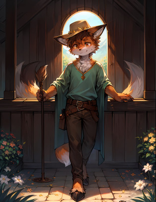 ((solo)), charming scene of a (Anthro furry) (fox_boy:1.5),(brown_fur:1.5),
The Anthro furry fox boy has a short, messy hairstyle with light brown hair that matches the color of his fur. His fur is soft, fluffy, and creamy orange with light brown spots on his arms and legs. He has small, round ears with light brown tufts of fur on the tips. His big, clear eyes are a light shade of brown and have a noticeable sparkle to them, giving him an innocent and charming expression. 
His hands have soft, orange fur on the back and light brown pads on the palms with short, blunt claws that are perfect for gripping his cane. He is standing on a lush green hill with a clear blue sky in the background, and there are small wildflowers scattered around him. His shepherd's outfit consists of a light brown tunic, brown pants, and brown boots. He has a brown belt around his waist that holds his cane and a small pouch for his belongings. 
As he stands on the hill, he looks out into the distance, lost in thought, with a gentle smile on his face. The warm soft lighting gives him a gentle and tranquil appearance, and the Stable Diffusion AI captures every detail, from the softness of his fur to the intricate details of his outfit.
(fluffy_goat_hooves), (fluffy_litte_fox_tail,standing on a hill, overlooking a valley, detailed_fluffy_fur,tuft,(body_fur),oil_skin,(skin_with_fluffy_fur),(animal_nose),animal_ear_fluff,fluffy_paws,pawpads,animal_hand,flowers, ((cute, innocent, detailed face, big round eyes)), warm soft lighting, 8k, SFW, spring, serene, hires,  dressed in a shepherd's outfit with a straw hat and a cane, standing with one leg crossed over the other, looking at something in the distance, while holding the cane with one hand and the hat with the other, as if lost in thought.