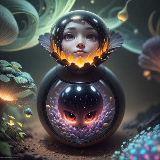 Generate images of creatures with humanoid body structures, But mainly composed of fungal elements. Its head resembles a big head, Dome-shaped crystal spring flower mushroom cap, fanciful, Colorful, Decorated with a luminous speckled pattern. Its arms are long, Flexible tendrils sprout from the shoulders, Able to be as vertical as a human hand. And not legs, It has a single, Thick, The stem is rooted in the ground. Its face is a small cluster, Bioluminescent spheres embedded in the bottom of the lid, Arranged in a way reminiscent of human facial features. photo-realism, ultra�-�detailed, 4K, A high resolution