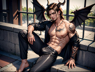 8k, 8k high quality, stand alone, Man sitting on porch, muscular, shirt, topless, big boobs, woman's breasts, brown hair, red eyes, winged, black way, overcast background, horned, devilish, perfect, highly detailed , detailed hand , Serious facial expression, swollen pants, arm tattoo, blood tattoo, 1 hand behind, licking lips, 1 hand touching chest, full body photo, tall , young, sexy, scary, gloomy ,Big wings, devil way,uncensored, 8k uhd, (hyper realistic), (photo realistic), (masterpiece), (best quality), (1boy), (solo), (erotic:1.2), (finely detailed face),(highres:1.4), (intricate details:1.4), RAW, best quality, ultra res, photorealistic, high resolution skin texture , (ulzzang-6500-v1:0.4), (PureErosFace_V1:0.1)(RAW photo, best quality), (realistic, photo-realistic:1.3), stand alone, Man sitting on porch, muscular, shirt, topless, big boobs, woman's breasts, brown hair, red eyes, winged, black way, overcast background, horned, devilish, perfect, highly detailed , detailed hand , Serious facial expression, swollen pants, arm tattoo, blood tattoo, 1 hand behind, licking lips, 1 hand touching chest, full body photo, tall , young, sexy, scary, gloomy ,Dark cave background, bats, blood, snakes,