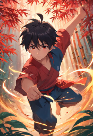 boy, 20 years old, black hair, martial arts costume, chinese martial arts, martial arts dance, red, bamboo leaves, ancient martial arts costume