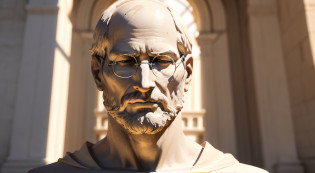 Here is the description of the photo in Portuguese:

A majestic representation of the bust of Steve Jobs carved in the imposing style of classical Greek art. 

The portrait is made in fine grain white marble, emphasizing the purity and perfection of form. Steve Jobs appears with a contemplative expression, seu olhar fixo em um ponto no horizonte, Emanating the visionary aura of a tech titan. 

His head is carved with realistic and proportional strokes. The precise lines capture the essence of his iconic features � the high forehead, o nariz reto, a boca levemente curvada em um meio sorriso. 

Diffuse lighting creates a dramatic play of light and shadow over facial angles. The hair is worked in soft friezes that frame the face, Giving movement and texture to the piece.

A base do busto apresenta a assinatura estilizada do escultor, gravada na lateral. Ao fundo, the silhouette of some modern buildings bridges the gap between the classical context of sculpture and the technological age that Steve Jobs helped shape.

The work masterfully captures the visionary spirit and aura of genius of this computer icon, eternalizing him as a legendary figure through the reinterpretation of Greco-Roman sculpture.