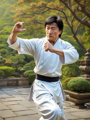 Masterpiece Photography Ultra Realistic Description: Jackie Chan, the legendary Hong Kong actor and martial artist, is captured in a breathtaking 4K hyper-realistic composition wearing a traditional Chinese martial arts outfit, performing an intricate and dynamic martial arts move in a tranquil temple garden. The unexpected blend of martial arts mastery and serene beauty enhances his captivating presence. With his agile movements and focused expression, he exudes a sense of precision and grace. The hyper-realistic portrayal captures the intricate details of his martial arts attire, the peaceful ambiance of the temple garden, and the fluidity of his motion, evoking a sense of awe-inspiring skill and Zen-like harmony.