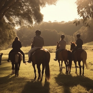 a group of students learning how to horse riding, green field outdoors, still movie frame, mid day light, sunny light, --q 5 --v 5 --v 5 --s 750 -